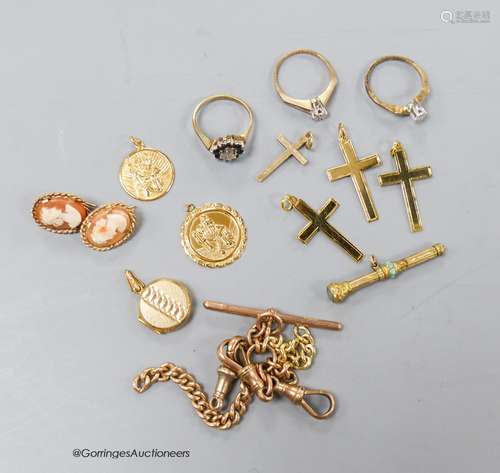 Part of a 9ct gold albert, four 9ct cross pendants, a pair o...