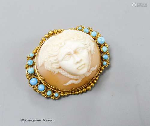 A Victorian yellow metal mounted cameo shell and turquoise s...