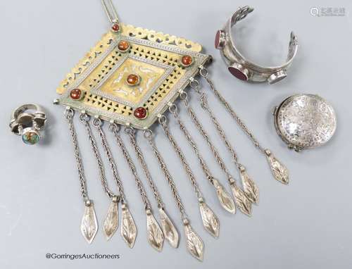 A Persian cabochon set pendant necklace, a white metal and t...