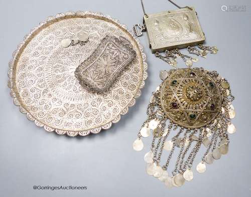 Two Middle Eastern white metal filigree trays, largest 24cm ...