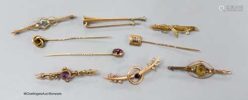 Four assorted early 20th century 9ct and gem set bar brooche...