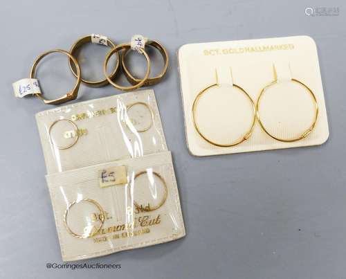 Four assorted 9ct rings, 13.5 grams and three pairs of 9ct h...