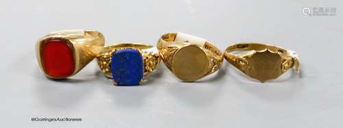 Four assorted 9ct signet rings, including lapis and carnelia...