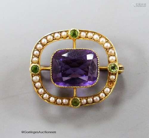 An early 20th century 15ct, amethyst, garnet and seed pearl ...