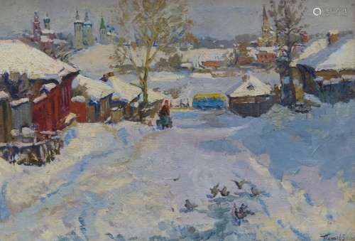 Russian School, oil on canvas, Town in winter, signed and da...