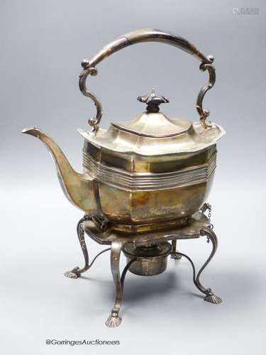 A late Victorian silver shaped rectangular tea kettle on sta...