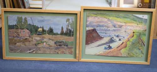 Russian School, two oils on board, View of a quarry and a si...