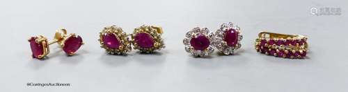 Four assorted modern pair of 9ct ruby or ruby and diamond se...