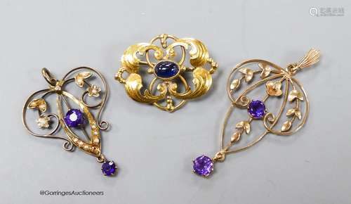 Two early 20th century yellow metal and amethyst set drop pe...