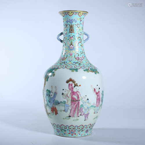 Double ear bottle with pattern of pastel baby play in Qing D...