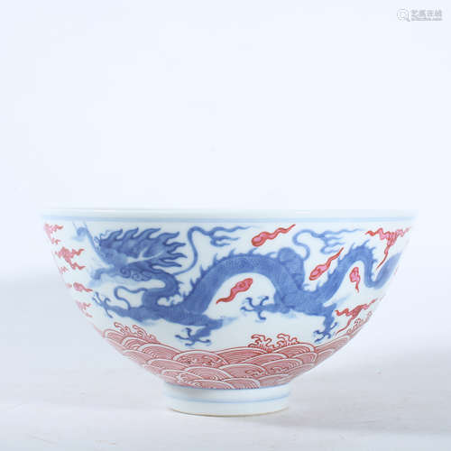 Qing Dynasty red color blue and white dragon bowl