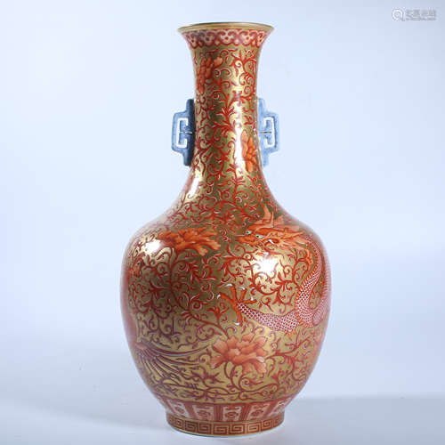 Qing Dynasty pink dragon and phoenix pattern two ear bottle