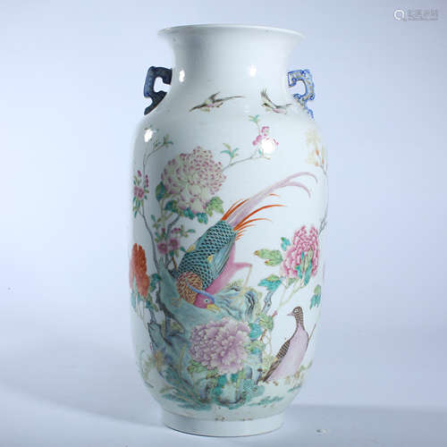 Qing Dynasty pink flower and bird pattern two ear bottle