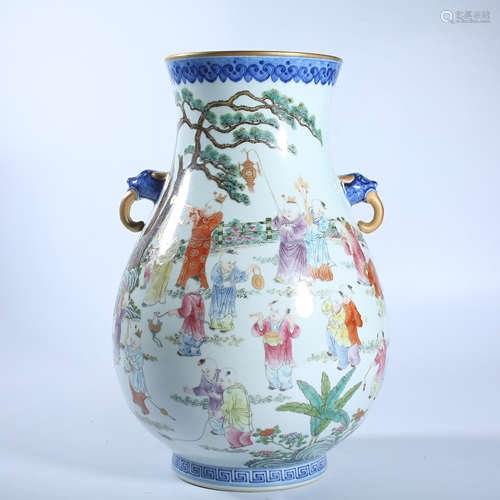 Double ear bottle with pattern of pastel baby play in Qing D...