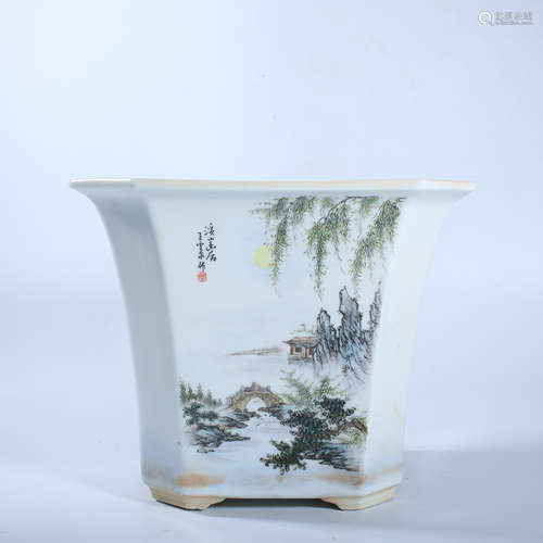 Square flowerpot with pastel flower and bird pattern in Qing...