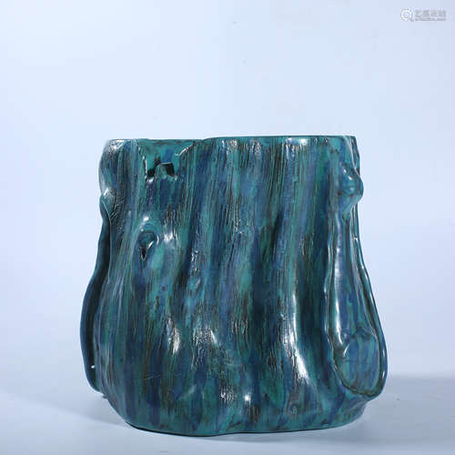 Imitation wood carving pen holder with malachite green glaze...