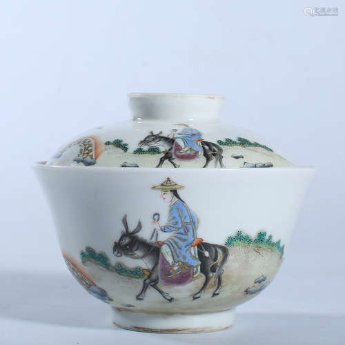 Covered bowl with pastel character story pattern in Qing Dyn...