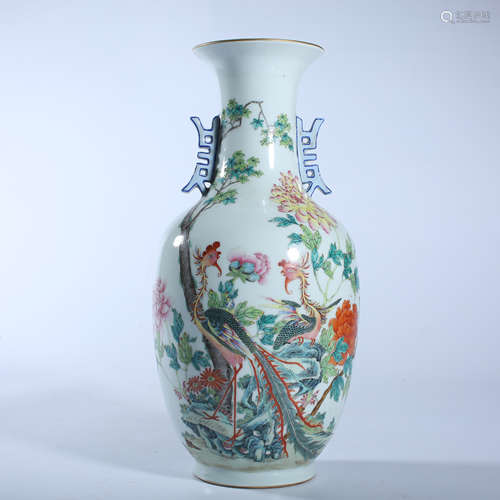 Qing Dynasty pink flower and bird pattern two ear bottle