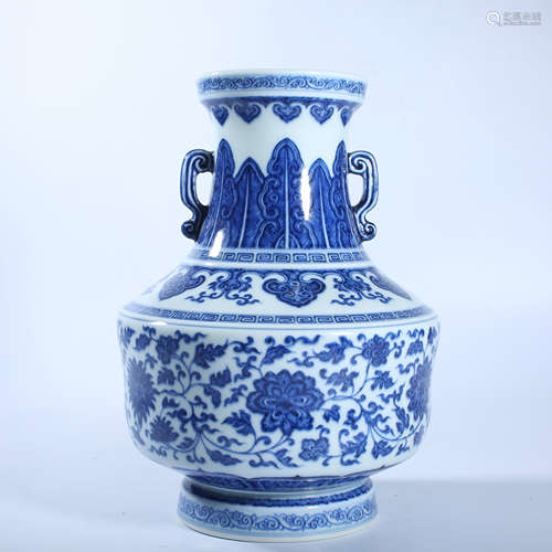 Qing Dynasty blue and white twining lotus pattern two ear bo...