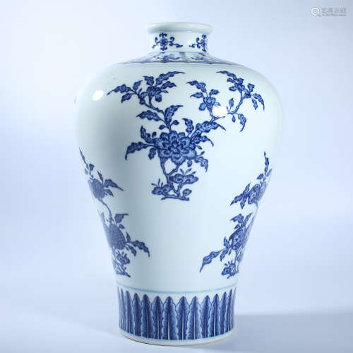 Plum vase with blue and white flower and fruit pattern in Qi...