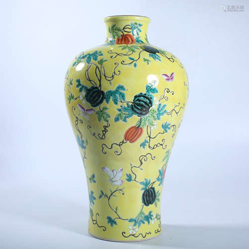 Plum vase with pastel melon and fruit pattern in Qing Dynast...