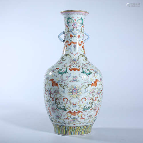 Qing Dynasty pastel twined lotus pattern two ear bottle