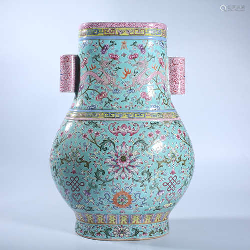 Double ear statue with pastel flower pattern in Qing Dynasty