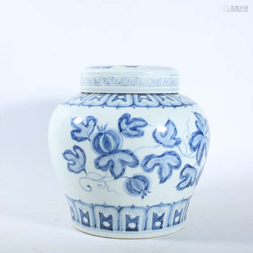 Covered pot with blue and white melon and fruit pattern in M...