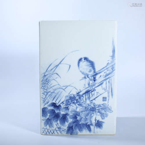 Square pen holder with blue and white flower and bird patter...