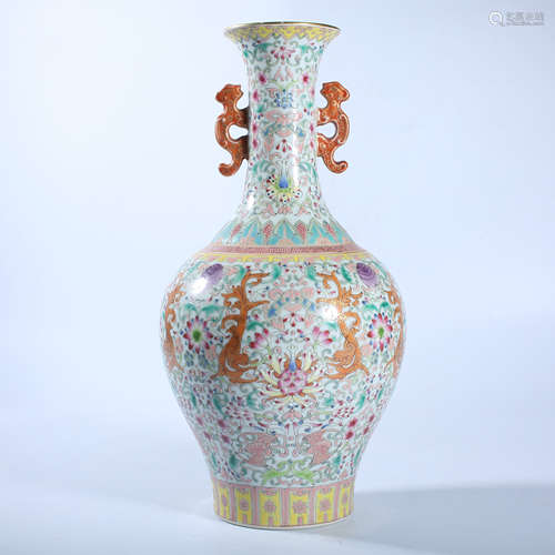 Qing Dynasty pastel double ear bottle