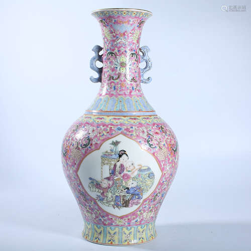 Double ear bottle with pastel figure story pattern in Qing D...