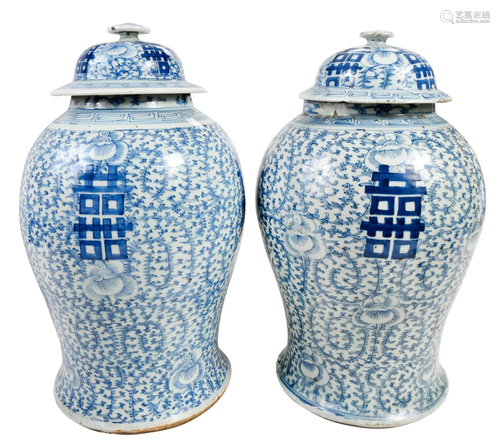 Near Pair Large Chinese Blue and White Ginger Jars