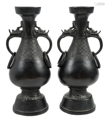 Pair of Chinese Bronze Mask Handle Vases