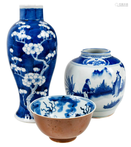 Three Pieces Chinese Blue and White Porcelain