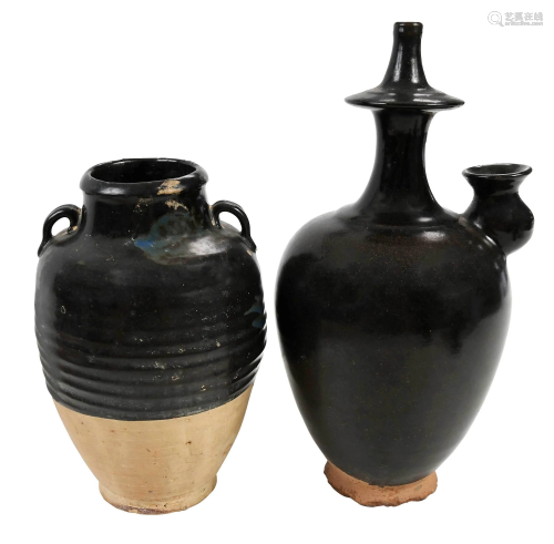 Chinese Brown Glazed Pottery Kundika and Jar
