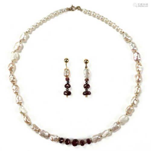 14K Gold Garnet Baroque Pearl Earrings & Necklace