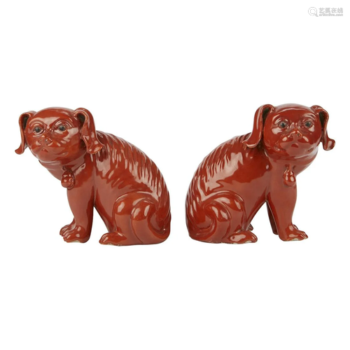 Pair of 19th c. Chinese Porcelain Red Fu Dogs