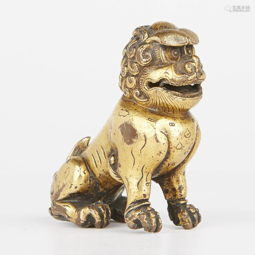 Chinese Gilt Bronze Foo Dog Guardian Lion Standing