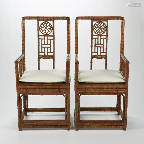 Pair of Chinese Bamboo Chairs w/ White Cushions