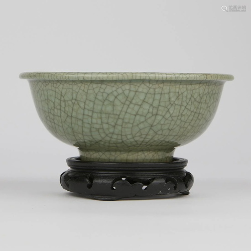 Chinese Crackled Celadon Bowl w/ Carved Wooden Stand