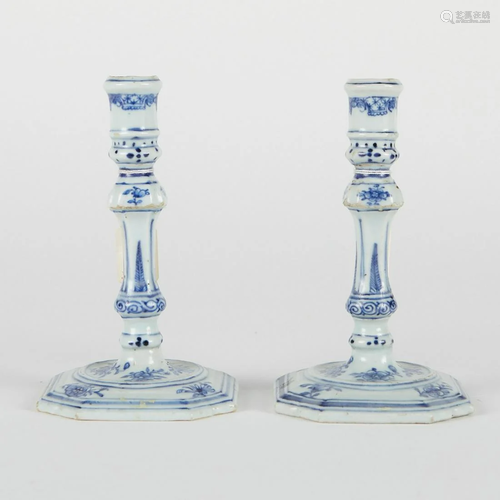 Pair of Chinese Export Blue and White Candlesticks