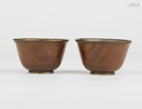 Pair of Chinese Silvered Tin Wooden Cups / Tea Bowls