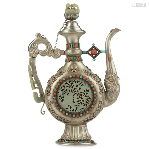 Chinese Qing/Republic Silver Jade Ewer