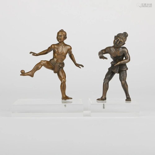 Pair of Burmese Bronze Ball Players Figures