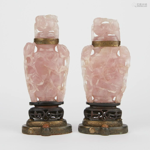 Pair of Chinese Rose Quartz Carvings