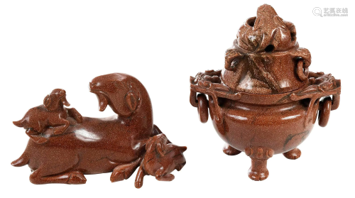 Carved Goldstone Lidded Censer, Goat Figural Group