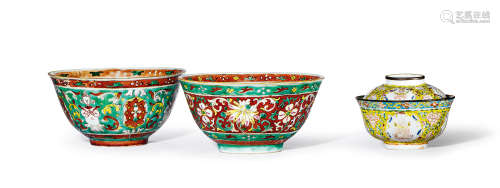 清中期 粉彩七珍八宝纹盖碗、粉彩花卉纹碗一组三隻