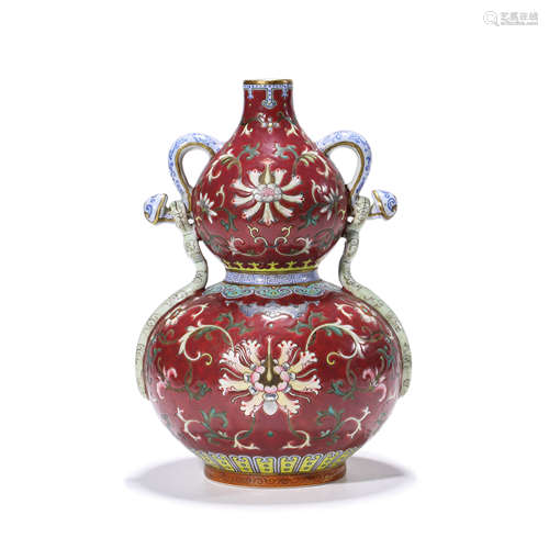 A Carmine Red Ground Famille Rose Porcelain Gourd-shaped Vas...