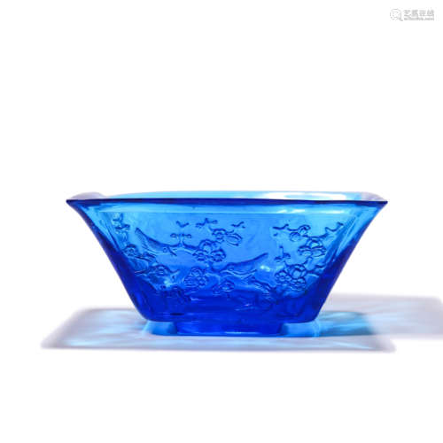 A Flower&Bird Pattern Blue Glassware Bowl