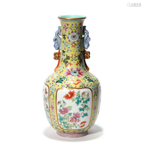 A Yellow Ground Famille Rose Flowers Porcelain Double Ears V...